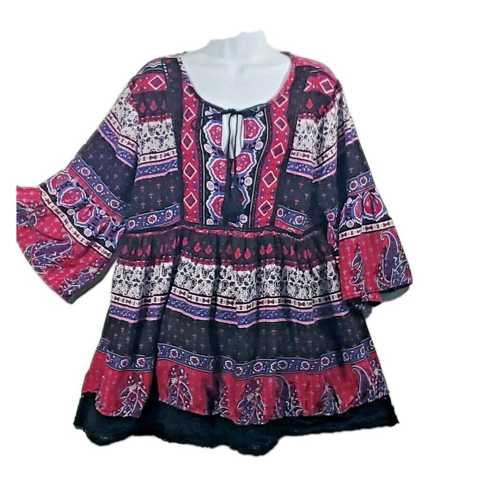 Lapogee Women's Floral Paisley Tunic Top Size 2X Blue White Burgundy Bell Sleeve